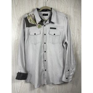 Eighty Eight Platinum Embellished Shirt Mens L Gray Floral Western Rocker